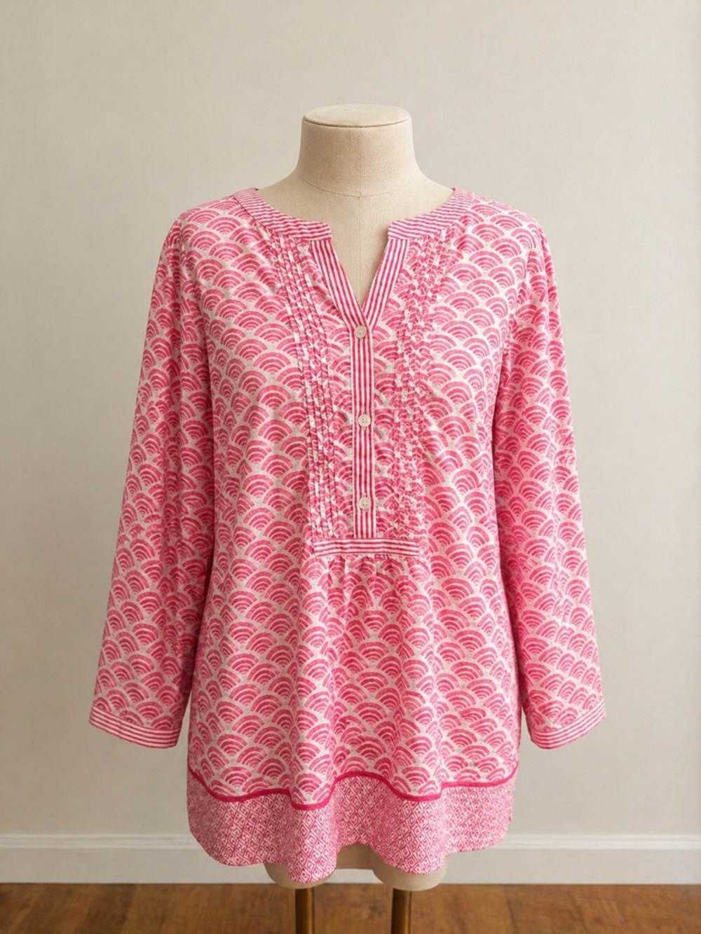 Talbots Pink Print Cotton Tunic Top Size L Boho Preppy